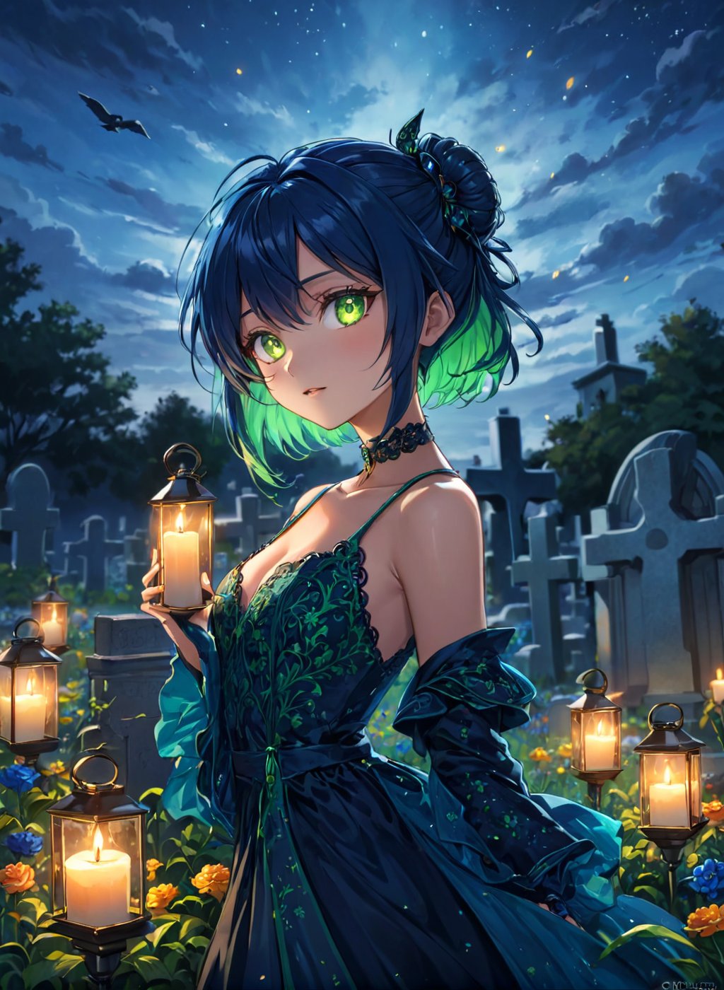 (masterpiece), best quality, highres, 4k, 8k, intricate detail, cinematic lighting, amazing quality, amazing shading, soft lighting, Detailed Illustration, official artwork, anime style, wallpaper, official art, ultra detailed skin, ultra detailed face, perfect eyes, small skin imperfections, 1girl, Updo, medium boobs, Slim body, green eyes, Navy blue hair, graveyard in background, candle lamps, stary sky, graveyard flowers