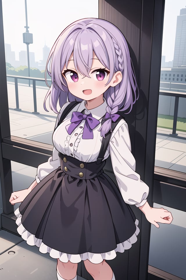 insanely detailed, absurdres, ultra-highres, ultra-detailed, best quality,1girl, solo, nice hands, perfect handsBREAKbraid, shirt, holding, mary janes, socks, black skirt, long hair, white shirt, suspender skirt, white socks, long sleeves, ribbon, suspenders, standing, ruffles, black ribbon, bow , black bow tie, long skirt, black bow, neck ribbon, bowtie, bagBREAK(nsfw:-1.5)BREAKhappy smile, laugh, open mouthBREAKstanding, cowboy shot, looking at viewerBREAKslender, kawaii, perfect symmetrical face, ultra cute girl, ultra cute face, ultra detailed eyes, ultra detailed hair, ultra cute, ultra beautifulBREAKin school ground, depth of field, ultra detailed backgroundBREAKlarge breastsBREAK(purple hair:1.3), red eyes, milkmaid braids, hair between eyes