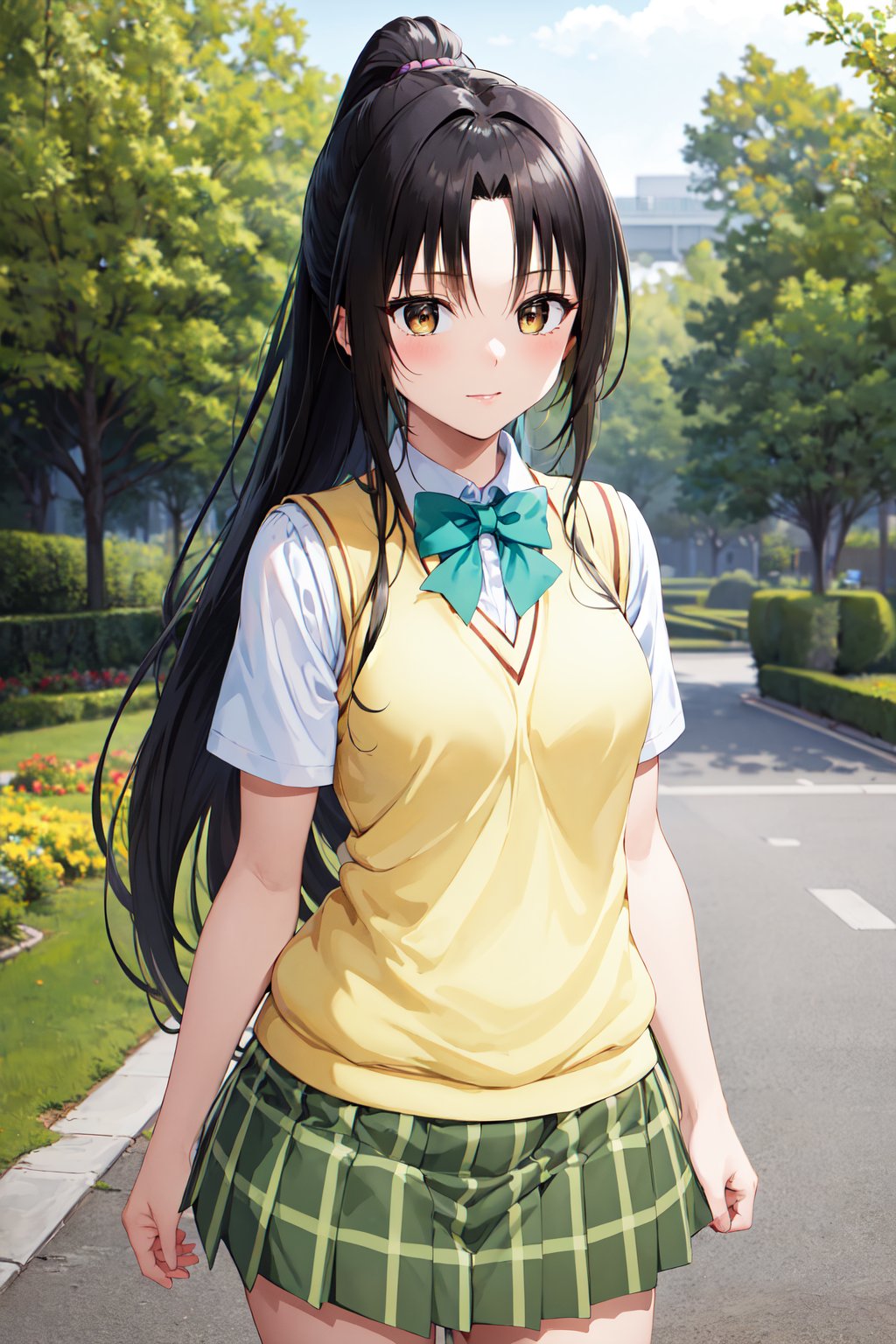 masterpiece, best quality, highres, 1girl, solo, long hair, black hair, ponytail, parted bangs, brown eyes, school uniform, green bowtie, white shirt, short sleeves, sweater vest, yellow vest, plaid skirt, green skirt, <lora:kujou_rin_v1:0.7>, standing, cowboy shot, outdoors