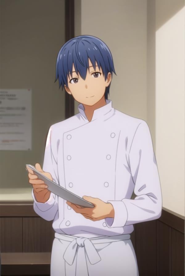 hiroomisouma, <lora:hiroomi souma s2-lora-nochekaiser:1>,hiroomi souma, (brown eyes:1.3), blue hair, male focus, smile,BREAK apron, buttons, waist apron, white pants, chef,BREAK indoors, restaurant,BREAK looking at viewer, (cowboy shot:1.5),BREAK <lyco:GoodHands-beta2:1>, (masterpiece:1.2), best quality, high resolution, unity 8k wallpaper, (illustration:0.8), (beautiful detailed eyes:1.6), extremely detailed face, perfect lighting, extremely detailed CG, (perfect hands, perfect anatomy),