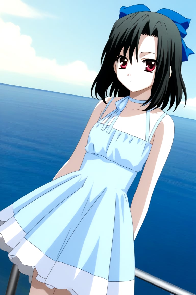 Highly detailed, High Quality, masterpiece, beautiful, source_anime, 1girl, solo, (young woman), (16 old), Setsuna Kiyoura, black hair, red eyes, short_hair, hair bow, red bow, tiny breasts, bare shoulders, dress, sundress, blue_dress, looking_at_viewer, dutch_angle, cowboy_shot<lora:EMS-447771-EMS:1.000000>