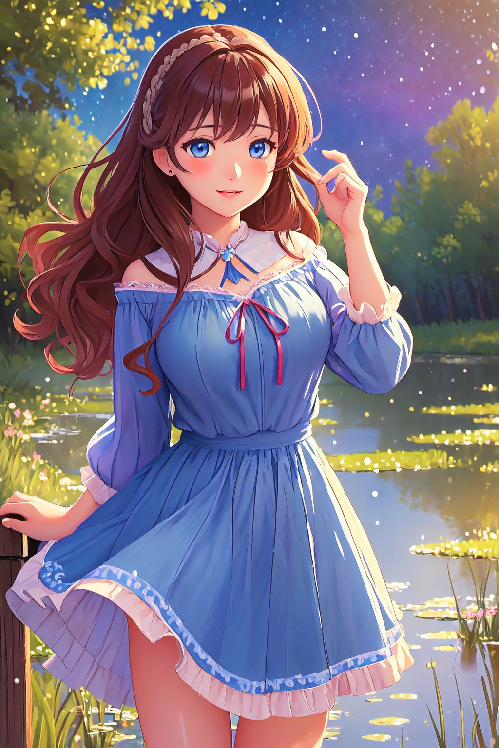 (masterpiece fairytale impressionism, best quality, night:1.3), portrait, peach skin, mature female, amused, wavy hair, brown hair, wetland background, tundra, In-depth, trending on Pixiv, nsfw, pubic hair, blue eyes, cowboy shot