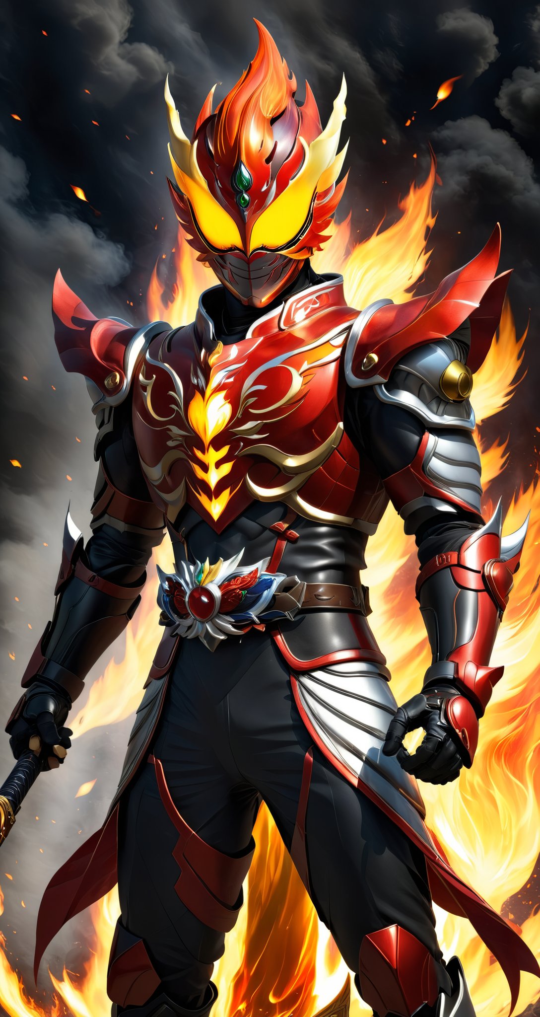 Kamen rider style, the masked warrior of the Spirit of Fire, wearing flame armor and holding a flame sword, burns the fire of justice in his heart and dispels the forces of darkness. Brave, fearless, with flame and courage to illuminate the way people forward.