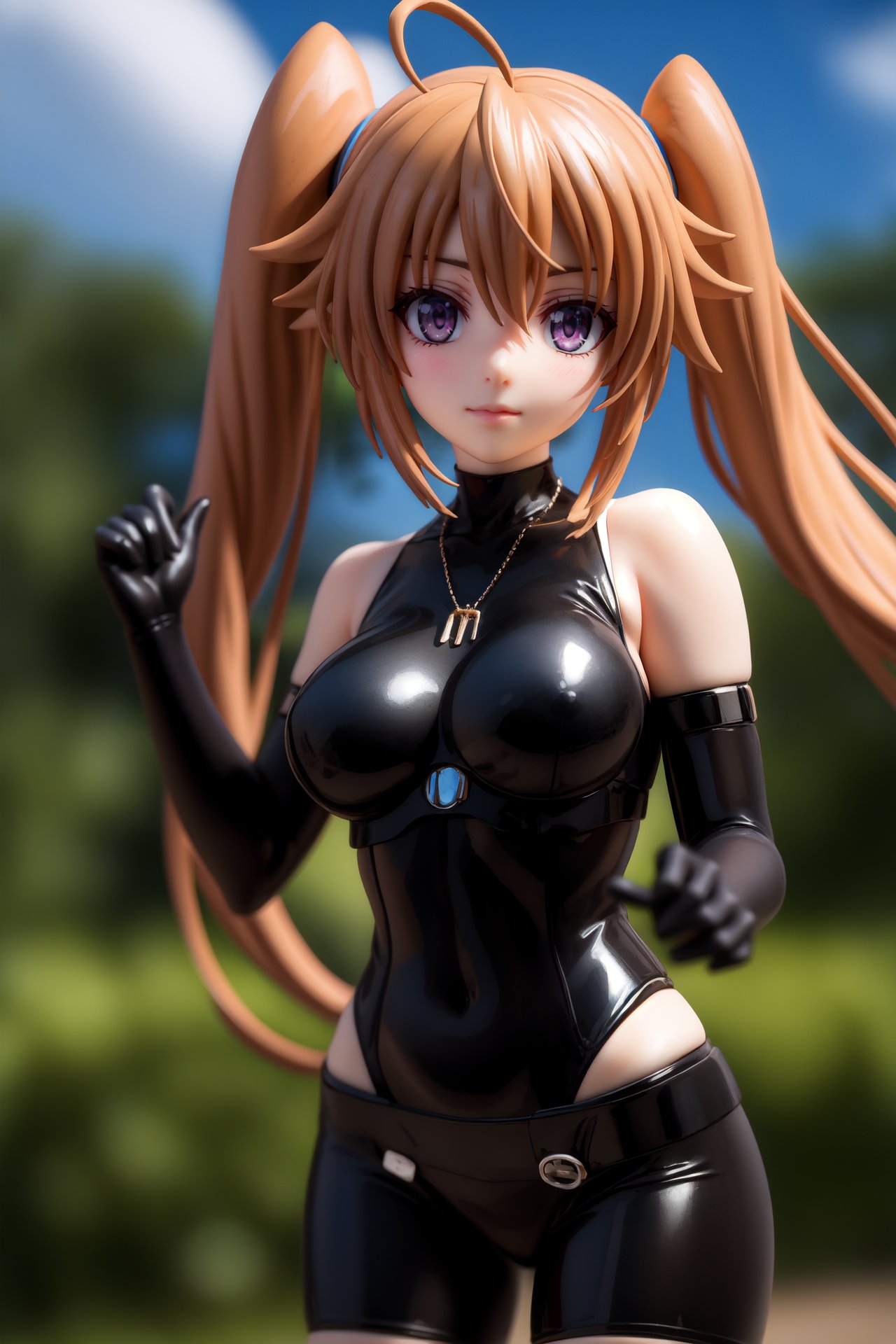 pvc style,irinashidou,,irina shidou, long hair, brown hair, twintails, (purple eyes:1.1), very long hair, ahoge,BREAK thighhighs, gloves, bare shoulders, black gloves, elbow gloves, bodysuit, covered navel,BREAK outdoors, forest, night, sky, clouds, moon, starry sky,BREAK looking at viewer, (cowboy shot:1.5),BREAK  (masterpiece:1.2), best quality, high resolution, unity 8k wallpaper, (illustration:0.8), (beautiful detailed eyes:1.6), extremely detailed face, perfect lighting, extremely detailed CG, (perfect hands, perfect anatomy),figma,full body,  <lora:irina shidou anime s2-lora-nochekaiser:1>