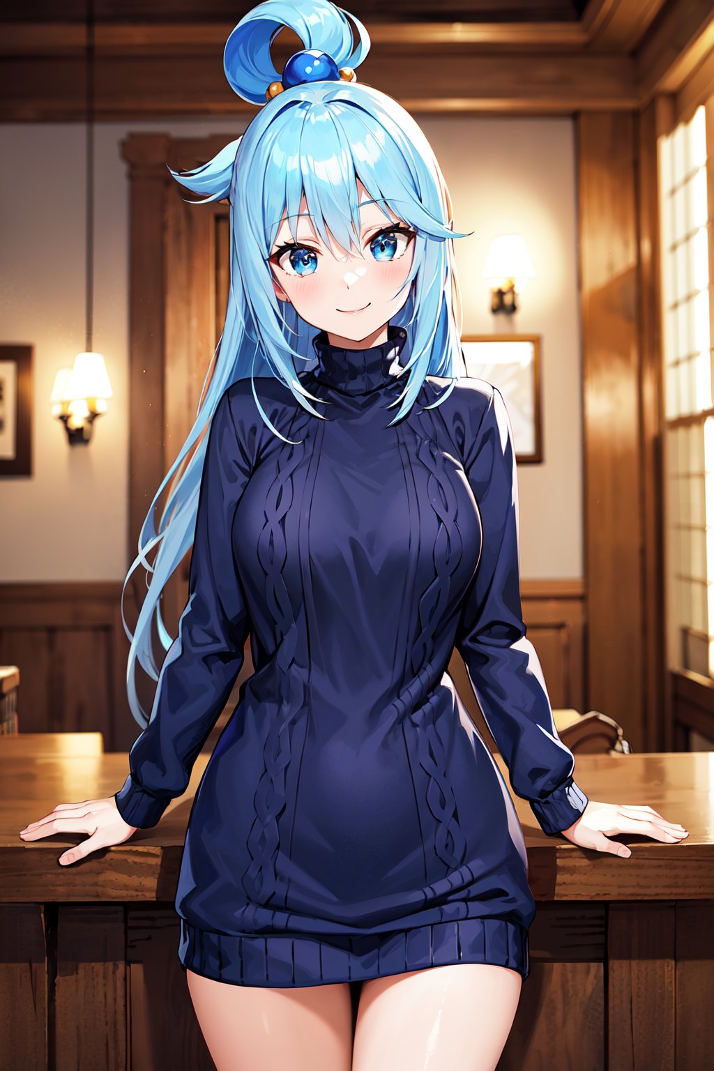 masterpiece, best quality, highres, aaaqua, long hair, blue hair, hair rings, hair ornament, <lora:aqua_(konosuba)_v1:0.7>, smile, sweater dress, long sleeves, turtleneck, indoors, cowboy shot,