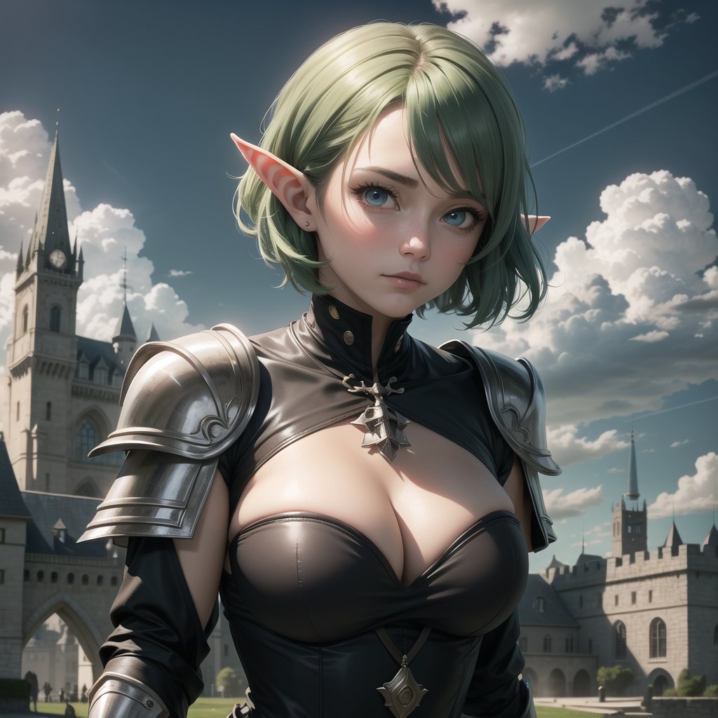 ((masterpiece, best quality, extremely detailed), volumetric lighting, ambient occlusion, colorful, glowing, expressive eyes),

1girl, light green hair, short hair, elf ears, (medieval armor), black suit, neckline, cleavage, knee high boots,
daytime, sun, clouds, grass, castle, medieval castle,
(medieval theme), (fantasy theme),

open eyes, blush, ashamed, closed mouth,
upper body, close up, portrait,