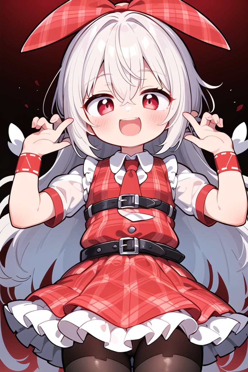 <lora:talkmouth_A_type2_v100:1>insanely detailed, absurdres, ultra-highres, ultra-detailed, best quality,1girl, solo, nice hands, perfect handsBREAK(Enchant:1.4), (red theme:1.5), ((red plaid pattern, tone on tone):1.4), (idol uniform:1.2), (fusion of sleeveless (red plaid pattern) vest and red sundress:1.4), (red tie:1.4), ((red plaid pattern) multi-layered skirt with ruffles:1.3), ((red:1.3) platform HIGH boots:1.1), (red plaid pattern ribbon on head:1.3)    BREAK    (short sleeve white collared-shirt dress layering:1.2), (black pantyhose:1.2), (belt:1.3), (wristband:1.3), (naked skin:-1), (black vest:-1), (white vest:-1), (black skirt:-1), (white skirt:-1), (cleavage:-1.5)BREAKsmile, open mouthBREAK(45 angle:-1.5), (from side:-1.5),standing, cowboy shot, looking at viewerBREAKslender, kawaii, perfect symmetrical face, ultra cute girl, ultra cute face, ultra detailed eyes, ultra detailed hair, ultra cute, ultra beautifulBREAKin coffee shop, depth of field, ultra detailed backgroundBREAKmedium large breastsBREAKgrey hair, red eyes, bob, hair between eyes