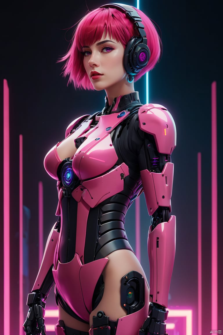 Anime Artwork Lucy (Cyberpunk),  Pink Short Hair,  Pink Eyes,  Red Lips,  (Front),  (Full Body),  Bodysuit,  Punk Stud Earrings,  Bossy,  Brave,  Key Visual,  Vibrant,  High Detail,  Illustration,  Short Straight Hair,  Futurism,  NFT Art,  Solid Color Background,  Robotic Arm,  Cartoon Coloring,  Tendal Effect. Non-Realistic Rendering Transparency,  Color Tilt,  Animation,  Blender Geometry Art,  Intrlligence 4k Image,  Epic,  Cinematic Effects,  Neon Cold Pounding,  Octane Rendering,  OC,  8k