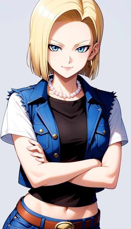 score_9, score_8_up, score_7_up, intricate details,1girl, android 18, dragon ball, blonde hair, blue eyes, black vest, cropped vest, belt buckle, crossed arm, earrings, jewelry, pearl necklace, short hair, white shirt, short sleeves, shirt tucked in, denim, jeans, light smile, looking at viewer,