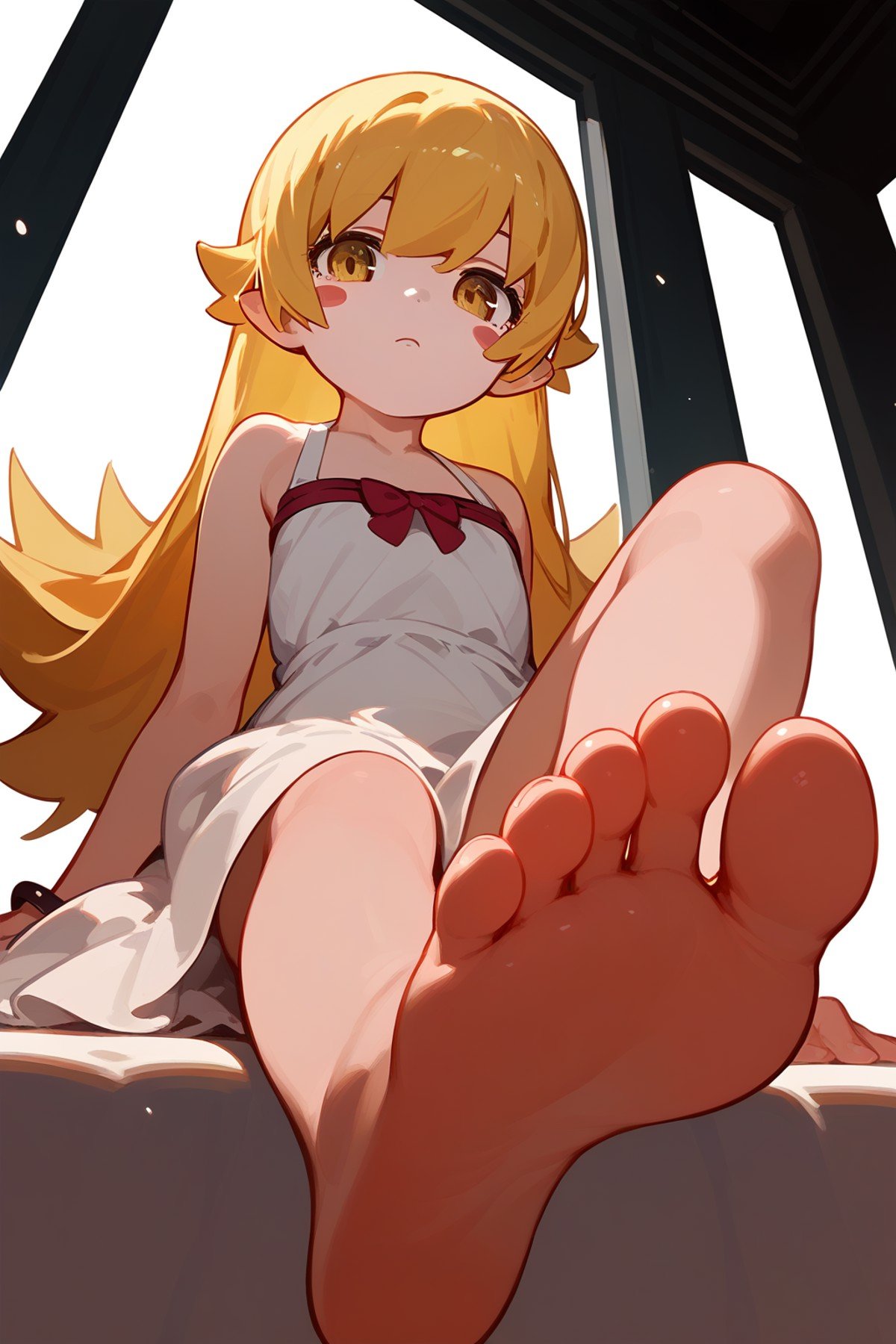 (score_9,score_8_up,score_7_up,),<lora:shinobu:0.9>,oshino shinobu,long hair,solo,blonde hair,yellow eyes,pointy ears,dress,white dress,blush stickers,bare shoulders,barefoot,foot focus,sitting,