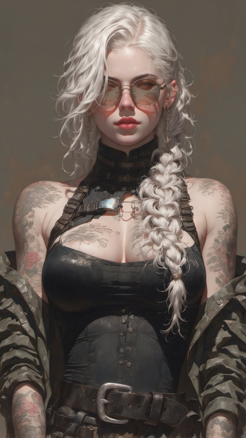 BJ_Cyber_albinism,1girl,solo,long_hair,breasts,looking_at_viewer,cleavage,bare_shoulders,jewelry,medium_breasts,jacket,upper_body,braid,white_hair,earrings,glasses,belt,off_shoulder,lips,grey_eyes,clothing_cutout,single_braid,tattoo,cleavage_cutout,sunglasses,hair_over_shoulder,nose,arm_tattoo,tinted_eyewear,photo,8k,intricate,highly detailed,majestic,digital photography,broken glass,(masterpiece, sidelighting, finely detailed beautiful eyes:1.2),hdr,realistic,high definition,. Dreamlike,mysterious,provocative,symbolic,intricate,detailed,<lora:SDXL_Cyber_albinism_V1:0.7>,