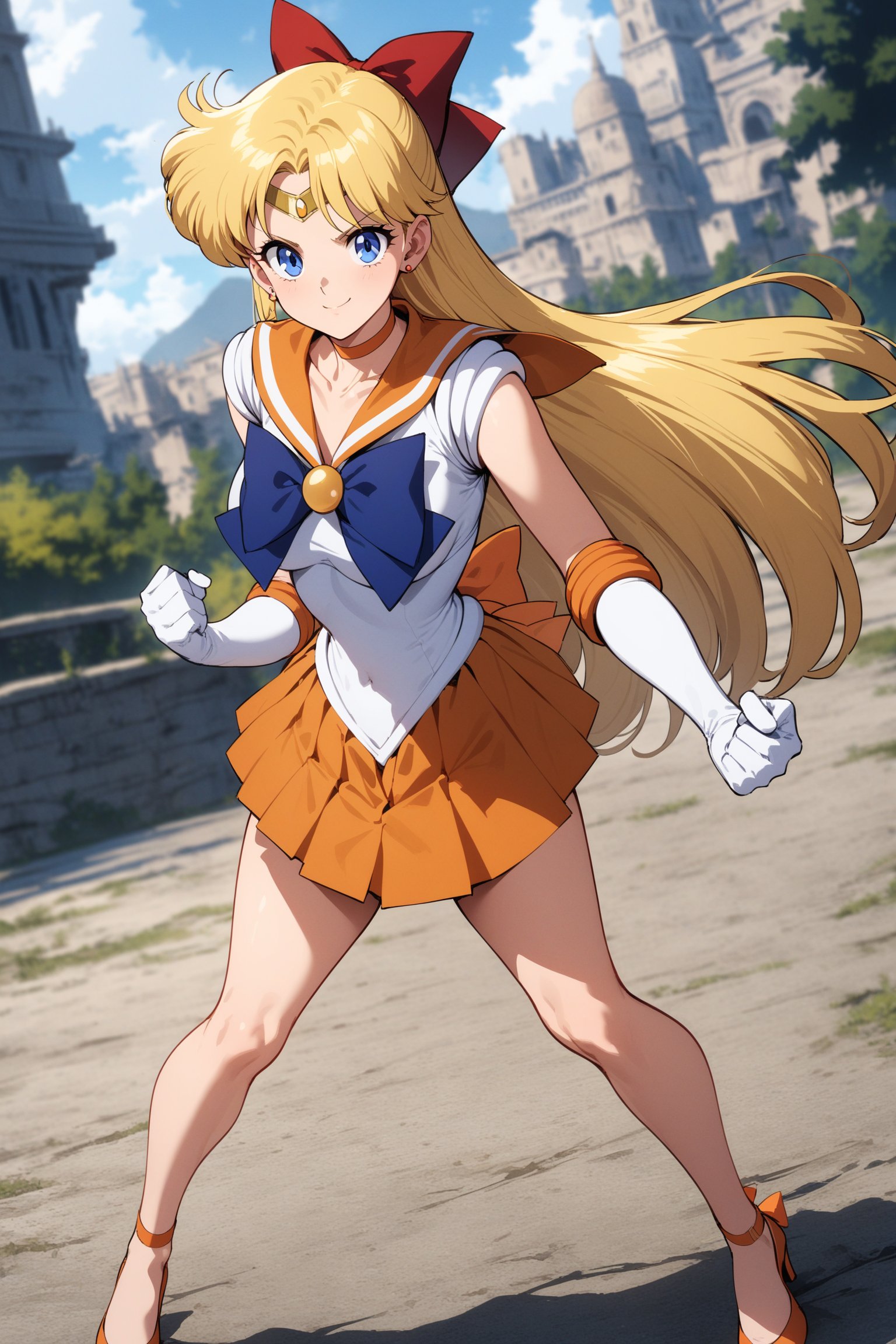 masterpiece, best quality, very aesthetic, absurdres, aavenus, long hair, blonde hair, hair bow, tiara, blue eyes, earrings, orange choker, collarbone, orange sailor collar, blue bowtie, white shirt, white leotard, elbow gloves, white gloves, pleated skirt, orange skirt,  <lora:sailor_venus_XL_v1(anima):0.9>, high heels, smile, outdoors, fighting stance, standing, clenched hands, full body