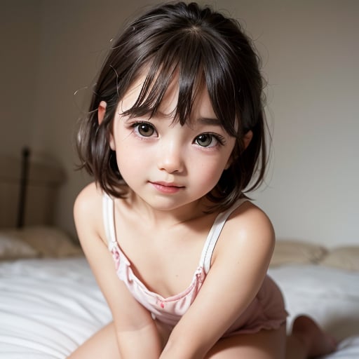 - (8k, RAW photo, best quality, masterpiece:1.2), (realistic, photo-realistic:1.37),Portrait, Cute:1.3, Round face, Very innocent-looking, Young girl, Short hair, Droopy eyes, (Whole body), (Pink outfit), White background, Soft lighting, Ethereal vibe, Innocent smile, (Barefoot), Delicate features, Looking down, Child-like charm:1.8.