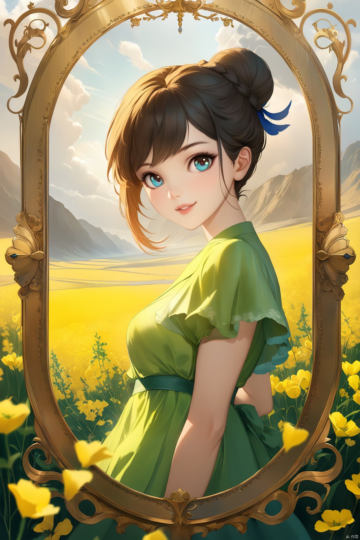 A sexy beauty with a bun, half-body portrait, standing in a sea of rapeseed flowers, charming eyes, sweet smile, surrounded by blooming yellow rapeseed flowers, forming a beautiful picture, high quality picture, full HD picture, 8K resolution, photorealistic, intricate details, sharp focus, vibrant colors, trending on ArtStation, trending on CGSociety, by Greg Rutkowski, Midjourney, Jeremy Mann, Antonio Moro, Ed Blinkey, Atey Ghailan, Studio Ghibli, heart professional majestic oil painting, popular on DeviantArt, concept art, artwork., lvshui-green dress, Light master, (\meng ze\)