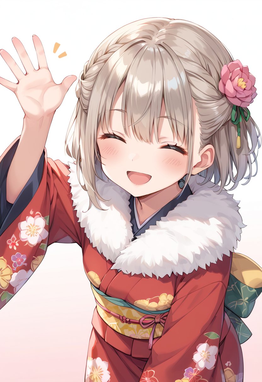 score_9, score_8_up, score_7_up, BREAK1girl, japanese clothes, kimono, closed eyes, solo, blush, open mouth, smile, hair flower, floral print, sash, obi, red kimono, long hair, leaning forward, wide sleeves, :d, gradient background, french braid, long sleeves, fur collar, light brown hair, bent over, ^ ^, eyebrows visible through hair, arm up, print kimono, brown hair, fur trim, blonde hair, hair ribbon, hair between eyes, simple background, furisode, standing, fur-trimmed kimono, green ribbon, pink background, purple flower, white background, pink flower, grey hair, waving, happy, half updo, silver hair, yellow sash, medium hair, braided bangs, shiny hair, hand between legs, green bow, shiny, hand up, reaching, back bow, short hair, ^o^, sidelocks, orange background, yellow bow