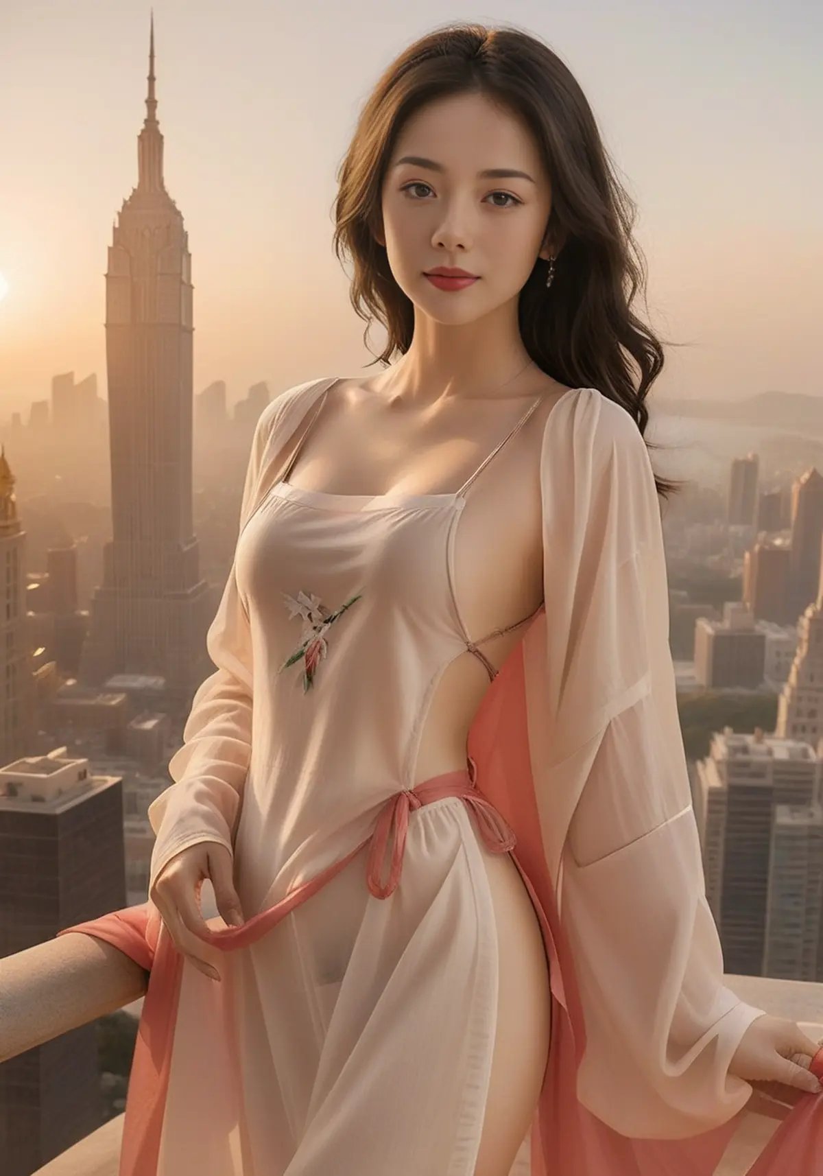 Hyperrealistic art of 1girl,covered nipples,side light,Highly detailed,sharp focus,extreme detail description,(Vivid Colors:1.3),gufeng1,full body,available light,<lora:gufeng_SDXL_1reg0_:0.8>,holding a fan,cityscape,skyscraper,<lora:zzy_SDXL_1_:1>,zzy,rim light,Volumetric Lighting,Cinematic Lighting,moody lighting,glowing neon lights,sunset,bright color,, Extremely high-resolution details, photographic, realism pushed to extreme, fine texture, incredibly lifelike