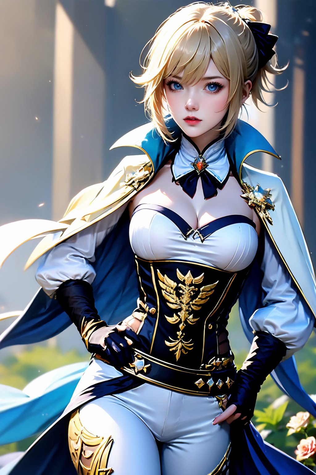 1girl, jean \(genshin impact\), solo, breasts, jewelry, blue eyes, blonde hair, earrings, gloves, capelet, pants, cleavage, white pants, looking at viewer, blue capelet, cross earrings, hair between eyes, corset, tight clothes, strapless, ponytail, black gloves, hand on own hip, bow, tight pants, hair bow, blurry background, large breasts, cowboy shot, belt, lips, blurry, cross, black bow, long sleeves, long hair, sidelocks, medium breasts, closed mouth, standing, detached sleeves, detached collar, gauntlets, elbow gloves, shirt, flower, rose, high collar, thighs, vision \(genshin impact\), blue gloves, realistic, day