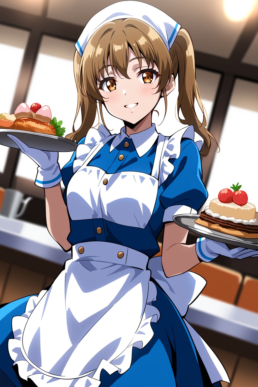 score_9, score_8_up, score_7_up, score_6_up, score_5_up, score_4_up, source_anime, cowboy shot, sunohara shizuka, 1girl, sidelocks, twintails, smile, apron, blue shirt, blue skirt, frilled apron, frills, gloves, head scarf, shirt, short sleeves, skirt, uniform, waist apron, waitress, white apron, white gloves, food, tray, food tray, indoors, restaurant, looking at viewer, dutch angle, cowboy shot, vibrant lighting, high contrast, dramatic shadows, highly detailed, detailed skin, depth of field, masterpiece, best quality, expressive eyes, perfect face, perfect body, beautiful girl, cute girl, <lora:sunohara shizuka hask 728 2:1>