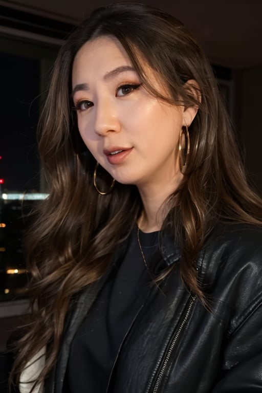 score_9,score_8_up,score_7_up, (fuslie:1.2), portrait, a tall woman wearing a black jacket and jeans in a penthouse, window, city view, high rises <lora:fuslie_cyb_414317-685.36.90:1> hoop earrings