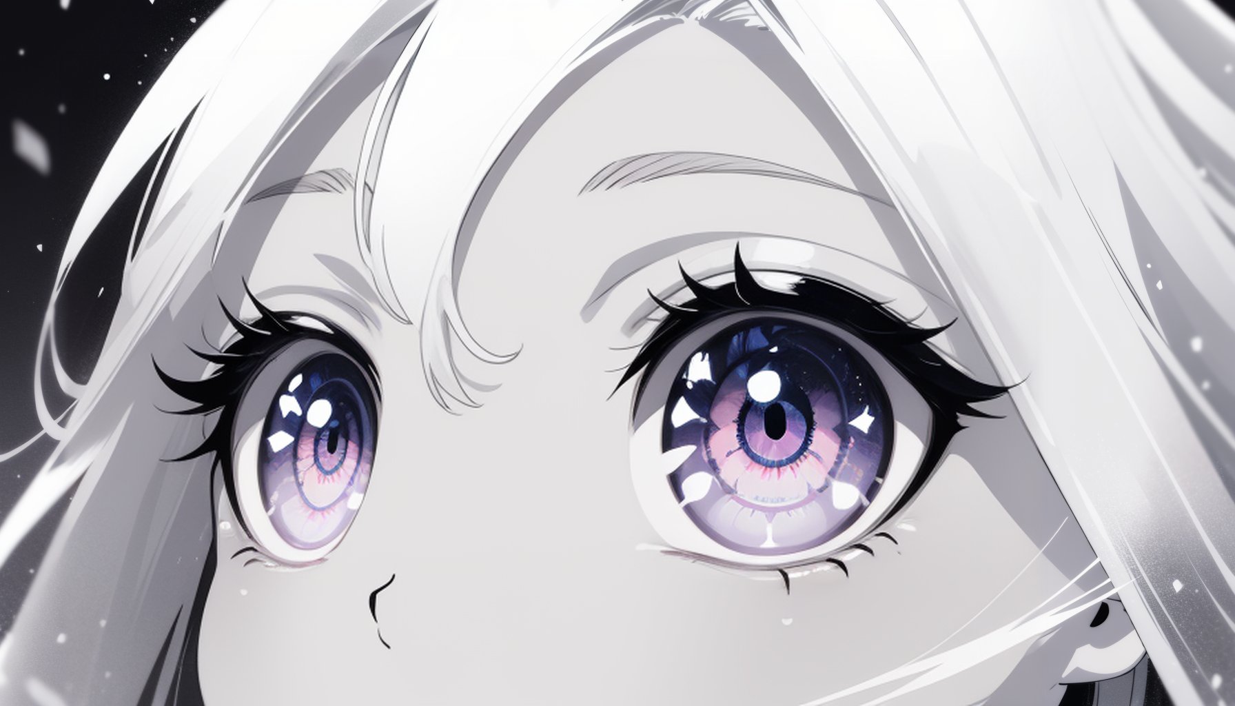 1girl, close-up, eye_focus, eyelashes, face, greyscale, looking_at_viewer, solo, spot color, pink eyes, electric eyes, cosmic eyes, snowing, windy, cold, anime, (relaxed)