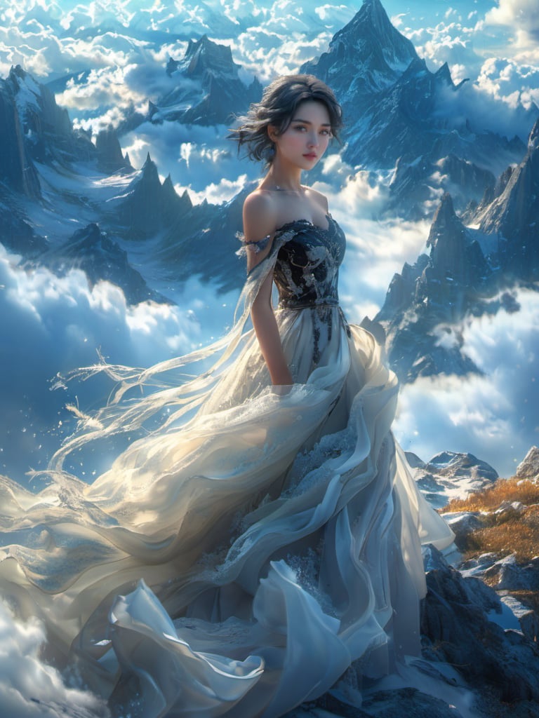 sdzs01,1girl,mountain,dress,solo,cloud,sky,black dress,black hair,looking at viewer,day,outdoors,bare shoulders,cloudy sky,scenery,<lora:sdzs-xl:0.8>,, best quality, ultra-detailed, masterpiece, finely detail, highres, 8k wallpaper