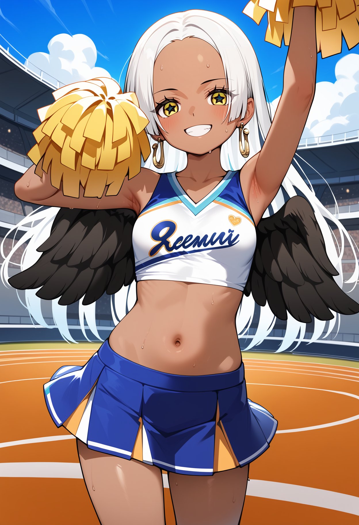 score_9, score_8_up, score_7_up, score_6_up, score_5_up, score_4_up, source_anime, aasnake, long hair, white hair, dark skin, earrings, yellow eyes, symbol-shaped pupils, black wings, small breasts, <lora:s-snake_ponyxl_v1:0.9>, cheerleader, pom pom \(cheerleading\), midriff, stadium, sweat, standing, smile