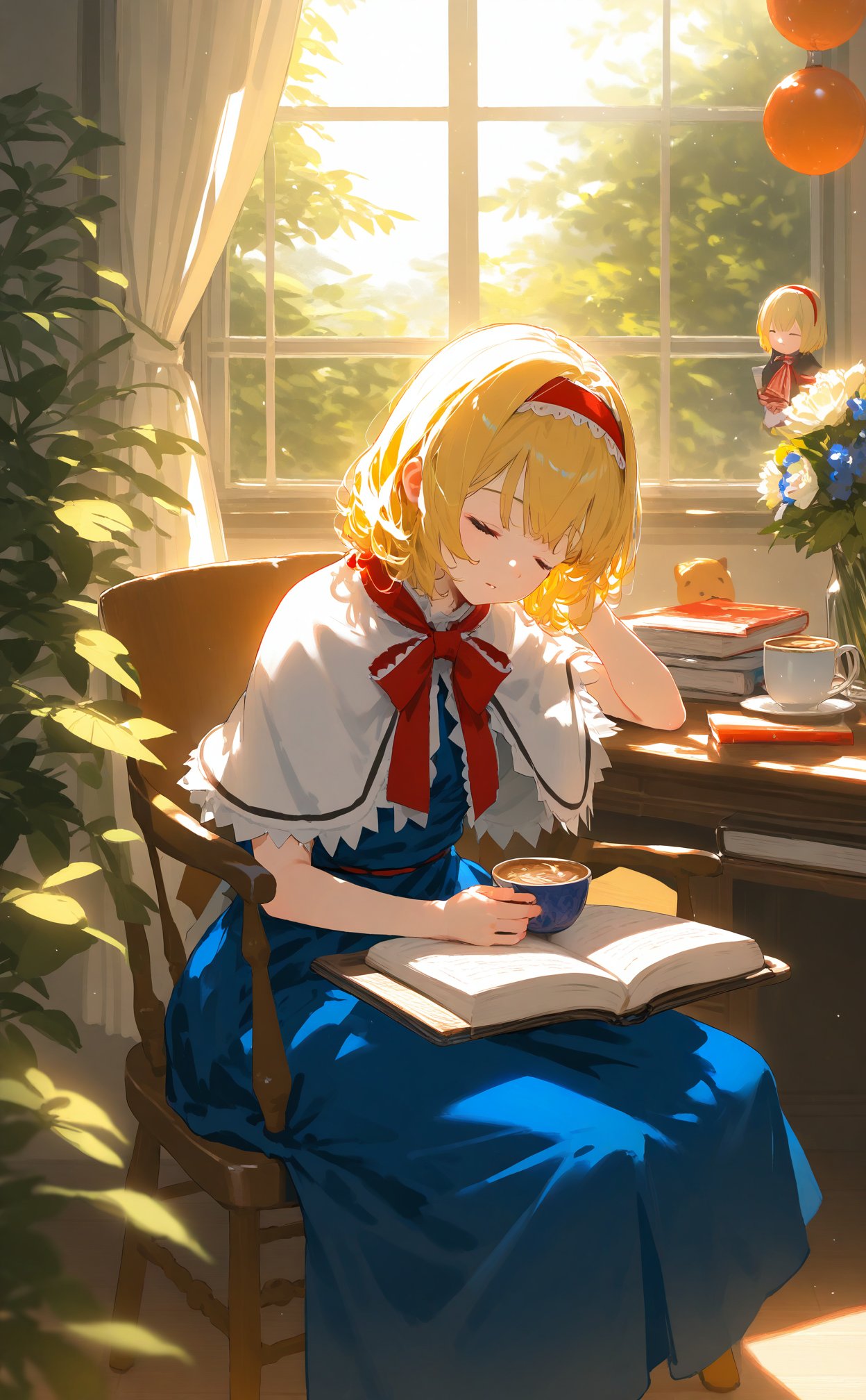 masterpiece,best quality,illustration,ultra detailed,hdr,Depth of field,(colorful),Artist rokusai,shanghai doll,alice margatroid,cup,hairband,closed eyes,bow,window,blonde hair,book,capelet,hair bow,flower,red bow,sleeping,short hair,curtains,plant,dress,long hair,1girl,blue dress,teacup,red hairband,chair,open book,paper,holding,