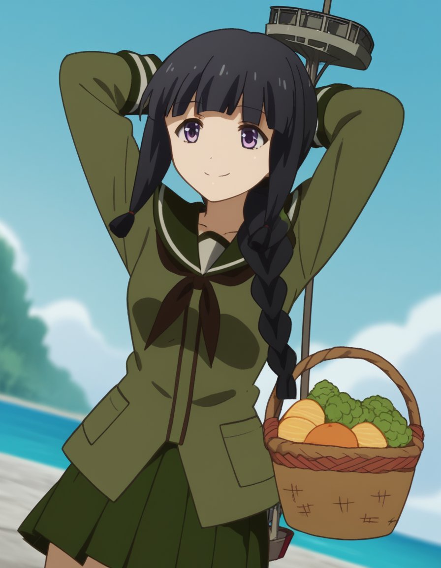 score_9, score_8_up, score_7_up, source_anime, <lora:kancolle-kitakami-s1-ponyxl-lora-nochekaiser:1>, kitakami, long hair, bangs, black hair, purple eyes, braid, blunt bangs, single braid, hair over shoulder, kitakami (kancolle), skirt, school uniform, serafuku, green skirt, pleated skirt, green shirt, green sailor collar, farmers market, fresh produce, local vendors, baskets, sunny day, community, smile, , hands behind head, smile,, solo,, cowboy shot, dutch angle