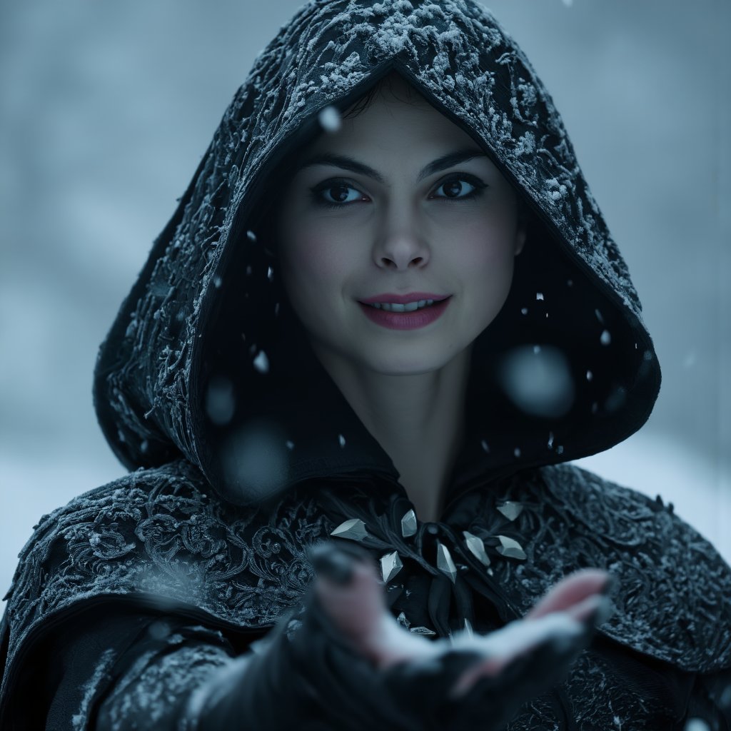 morena_baccarin, An over-the-shoulder shot focusing on her face, with the hood partially obscuring her features, adding a sense of mystery and intrigue. Photorealistic close-up of a mysterious woman in a dark, snow-dusted cloak, her pale skin and pink lips standing out against the cold, wintry background, with her eyes reflecting the soft light of the snow-covered landscape Intricate embroidery on the cloak, with subtle glimmers of silver thread catching the light, enhancing the luxurious texture.A faint, mystical fog rolling in from the background, partially obscuring the scene and adding a sense of mystery.Intricately designed metallic accents on her clothing, reflecting the light subtly and adding a regal, sophisticated touch. The woman extends one hand outwards, palm up as if catching snowflakes, her eyes gently following the falling snow, with a soft smile on her lips. cinematic lighting, extremely intricate detail character, accurate depiction of character, correct body anatomy, correct hands and fingers, extremely intricate skin and facial skin texture detail, lifelike potrayal, extremely realistic lighting, extreme dynamic pose. Extremely sharp detail without blurring,  <lora:MorenaBaccarinF1D:1>