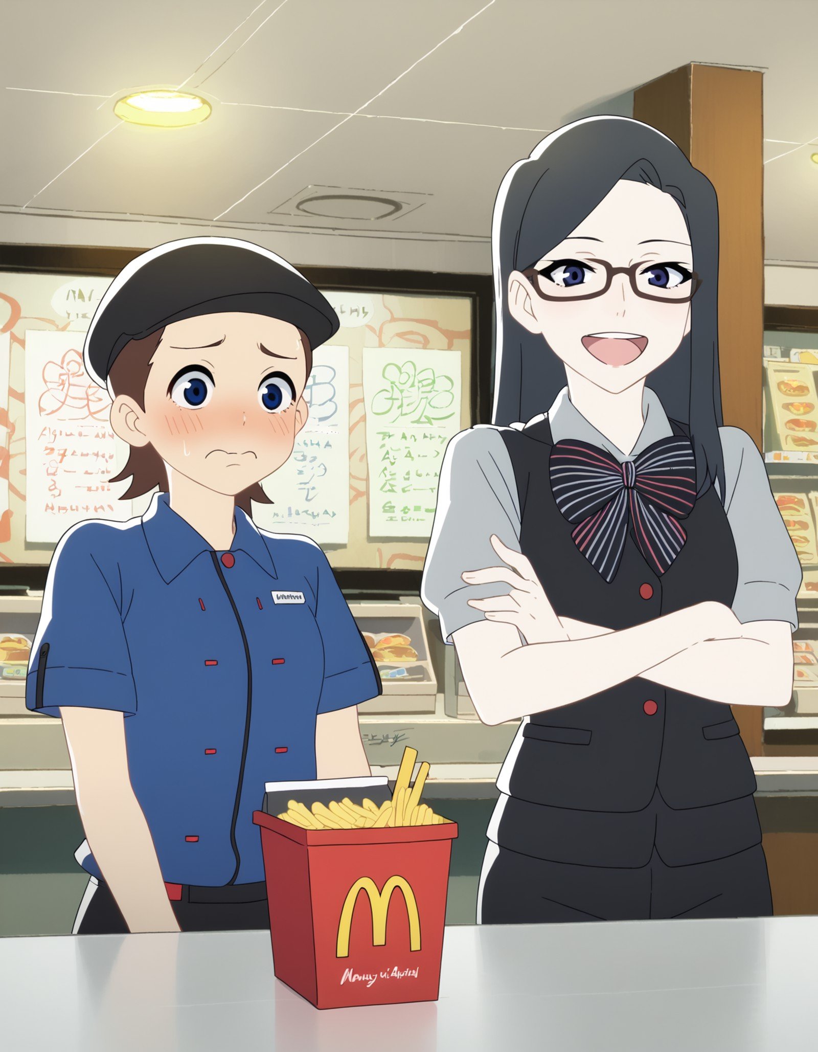 score_9,  score_8_up, score_7_up, source_anime, <lora:hibino-hoshino-ponyxl:0.8> 2girls, indoors, counter, mcdonald's, upper body2girls, sumire, embarrassed, hat, blue shirt, polo shirt2girls, hoshino, glasses, laughing, crossed arms, hat, vest, striped bow, short sleeves, pants