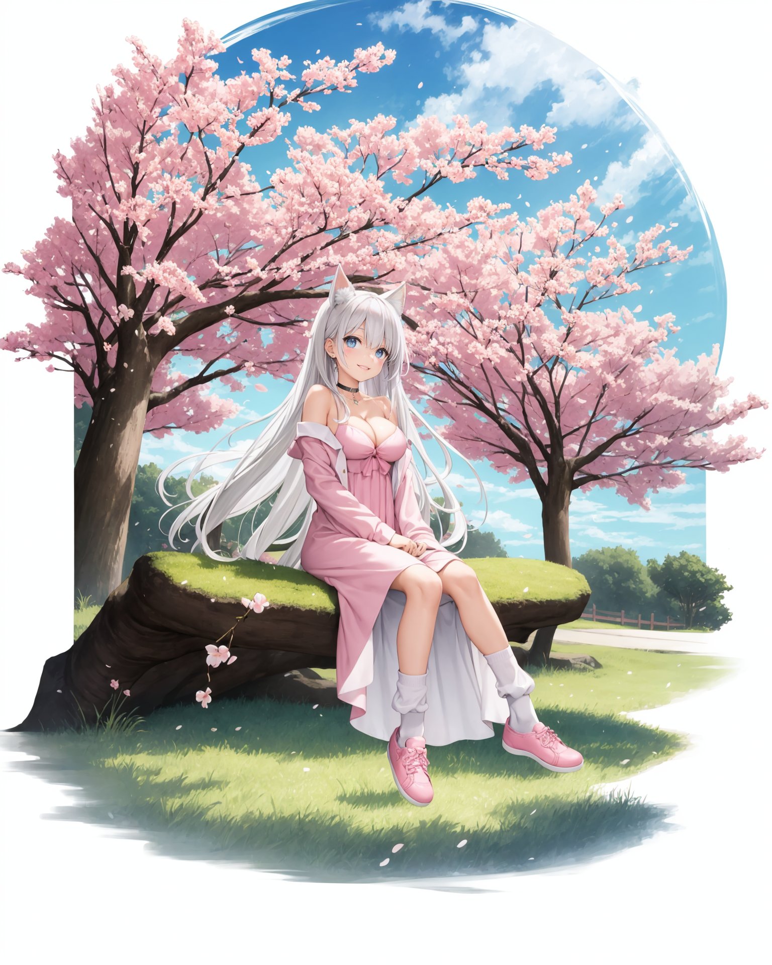 [(white background:1.5), ::2]1girl, solo, (isometric:0.75), solo, 1girl, dress, long hair, blue eyes, full body, breasts, looking at viewer, pink dress, choker, cleavage, bangs, pink footwear, animal ears, medium breasts, pink theme, very long hair, white dress, hair between eyes, white hair, long sleeves, bare shoulders, own hands together, jewelry, outdoors, solo, grass, sitting, tree, day, cherry blossoms, scenery, skirt, shoes, shirt, long sleeves, rock, long hair, looking at viewer, socks, wide shot, white shirt, sunlight, bangs, jacket, smile, grey hair