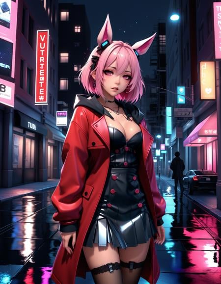 a failed vtuber working the streets, night district, hyperrealistic