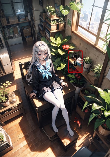 Epic CG masterpiece, an anime girl in a room with plants, no shoes, Black transparent pantyhose, pleated skirt, Sailor suit, sailor collar, in the style of photorealistic urban scenes, applecore, sandalpunk, high-angle, vacation dadcore, solarizing master1girl,  Milky skin, (shiny skin:1.4)，silk stockings，<lora:绪儿-阳光少女 window:0.8>