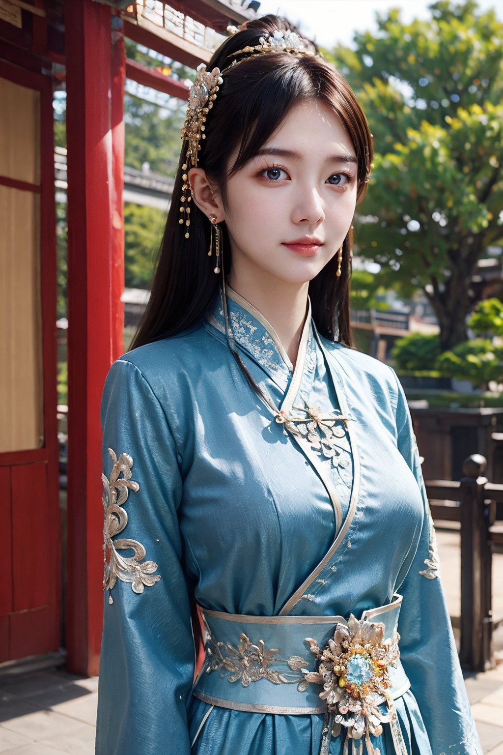 CAFC,1girl,solo,long hair,blue clothes,earrings,jewelry,hair accessories,upper body,suburban scenery,east asian,chinese style architecture,