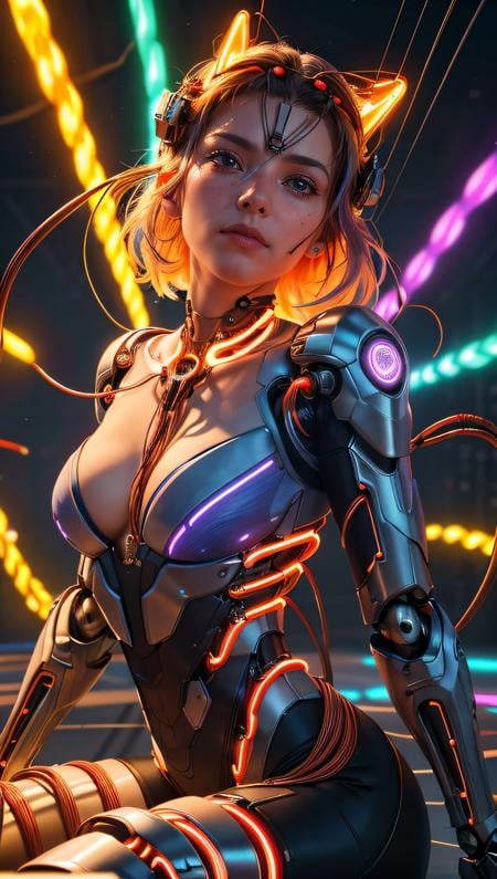 (best quality, masterpiece, perfect face, beautiful and aesthetic:1.2, colorful, dynamic angle, highest detailed face)((Full shot)), (highly detailed illustration), ((Chest covered)), ((1mechanical girl)), solo, (lucent nacre exoskeleton) ((upper torso hanging by gloing wires)), ((Hanging by glowing wires and glowing tubes)), (machine made joints:1.2), ((machanical limbs)), (blood vessels connected to glowing tubes), (mechanical vertebra attaching to back), ((mechanical cervial attaching to neck)), (sitting), (chest covered), (glowing wires and glowing cables attaching to neck:1.2), (glowing wires and glowing cables on head:1.2), (character focus), science fiction, extreme detailed, colorful,, 35mm, bokeh, 9:16, (intricate details, hyperdetailed:1.15), detailed, sunlight passing through hair (high contrast, official art, extreme detailed, highest detailed),