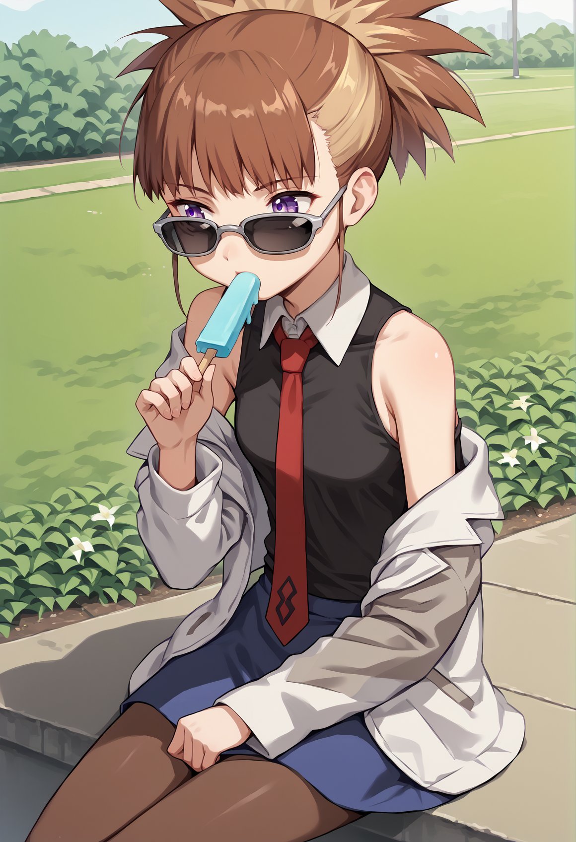 1girl, solo, rika, Two-Tone Hair, multicolored hair, short hair, blonde hair, brown hair, purple eyes, ponytail, sunglasses, looking over eyewear <lora:RukiJuri:1> black shirt, white collar, red necktie, Two-Tone Jacket, white jacket, grey sleeves, long sleeves, skirt, pantyhose, outdoors, sitting, park, off shoulder, bare shoulder, popsicle <lora:Mashu:1>, score_9, score_8_up, score_7_up, score_6_up, score_5_up, score_4_up, BREAK source_anime, masterpiece