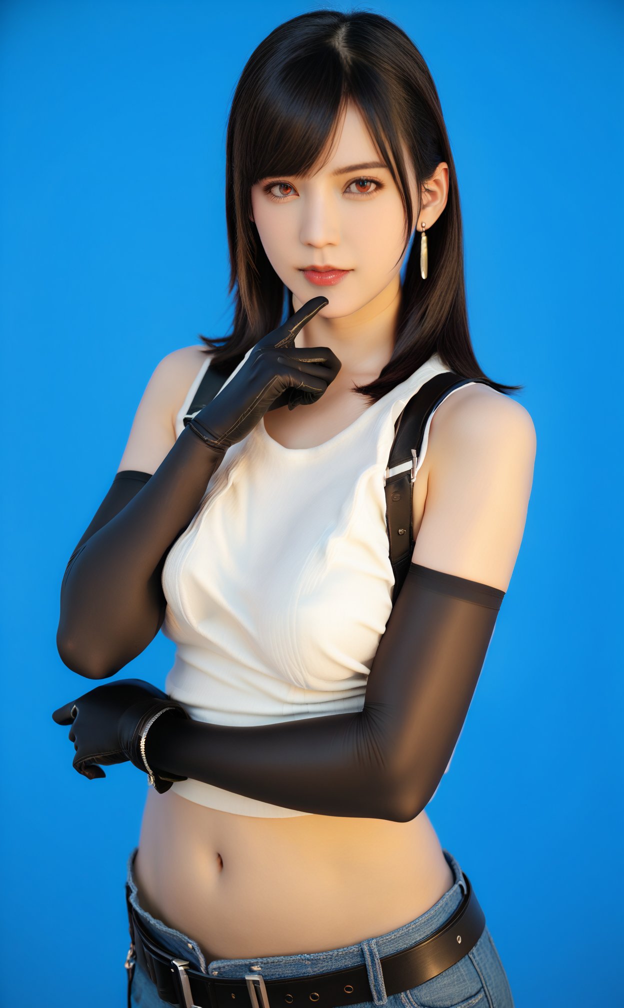 (masterpiece),(best quality),realistic,octane render,3D CG,1girl,tifa lockhart,solo,crop top,jewelry,gloves,navel,earrings,long hair,midriff,brown eyes,tank top,black hair,breasts,blue background,elbow gloves,white tank top,looking at viewer,upper body,hand on own chin,belt,realistic,lips,suspenders,denim,black gloves,dangle earrings,cosplay,closed mouth,medium breasts,simple background,arm under breasts,bare shoulders,swept bangs,