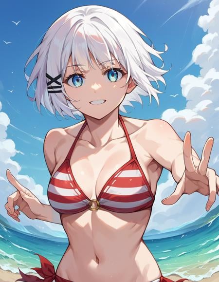 score_9, score_8_up, score_7_up, source_anime,siesta, <lora:siesta-ponyxl-lora-nochekaiser:1>,siesta, short hair, bangs, blue eyes, hair ornament, white hair, hairclip, smile,bikini, striped bikini, red bikini, navel, collarbone,outdoors, beach,looking at viewer, cowboy shot, dynamic pose,