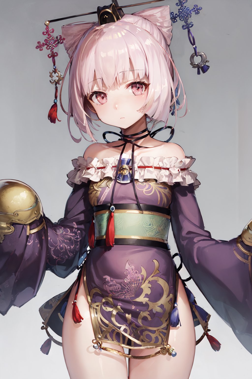 (masterpiece:1.3), best quality, ultra-detailed, <lora:atelier_cornelia-10:0.8>, solo, 1girl, cornelia \(atelier\), expressionless, closed mouth, looking at viewer, hair ornament, hat, off shoulder, japanese clothes, sleeves past wrists, sleeves past fingers