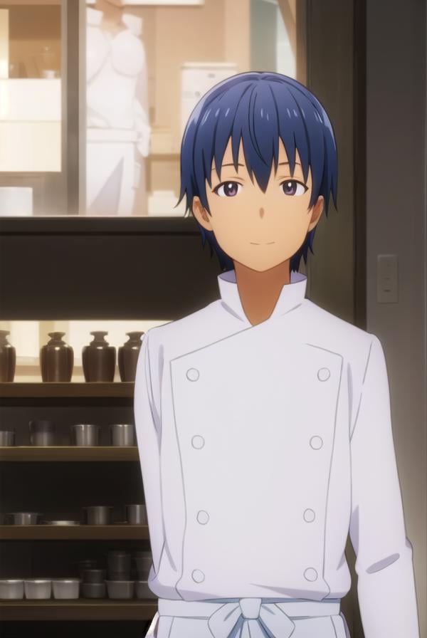 hiroomisouma, <lora:hiroomi souma s2-lora-nochekaiser:1>,hiroomi souma, (brown eyes:1.3), blue hair, male focus, smile,BREAK apron, buttons, waist apron, white pants, chef,BREAK indoors, restaurant,BREAK looking at viewer, (cowboy shot:1.5),BREAK <lyco:GoodHands-beta2:1>, (masterpiece:1.2), best quality, high resolution, unity 8k wallpaper, (illustration:0.8), (beautiful detailed eyes:1.6), extremely detailed face, perfect lighting, extremely detailed CG, (perfect hands, perfect anatomy),