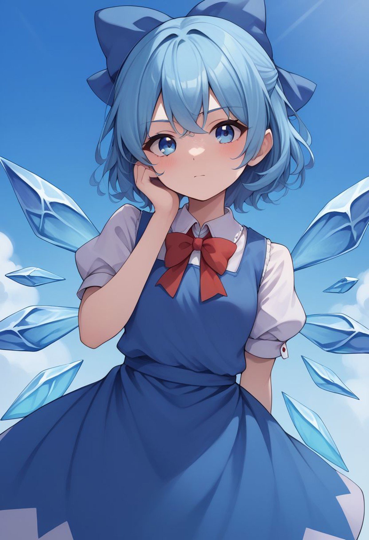 score_9, score_8_up, source_anime, highly detailed, cirno, 1girl, solo, blue eyes, wings, blue hair, ice wings, ice, short sleeves, bow, blue bow, blue dress, puffy sleeves, hand in hairs,puffy short sleevesoutdoor, 