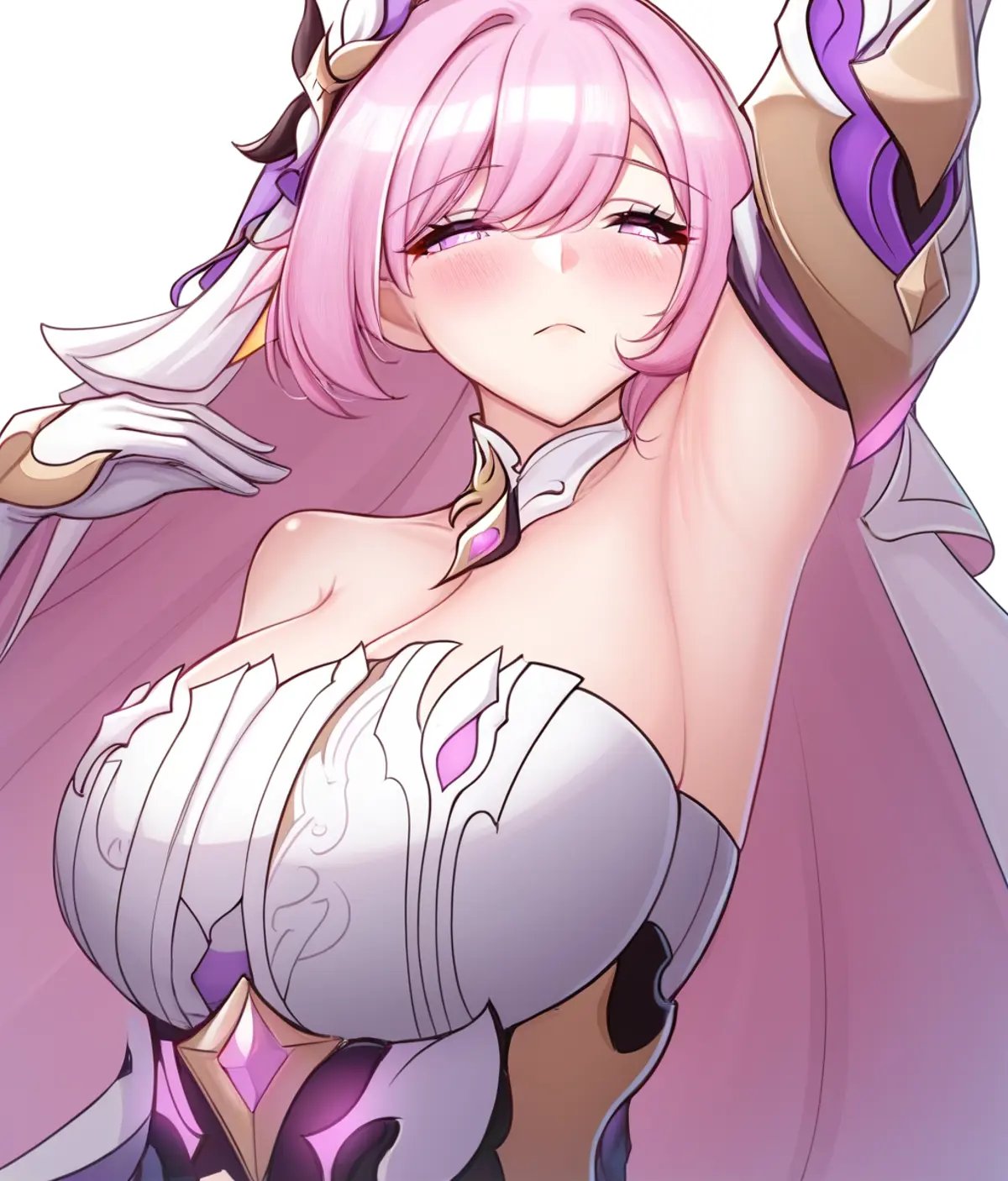 score_9. score_8_up. score_7_up, <lora:laxiusart:1>,1girl, elysia (honkai impact), armpits, solo, pink hair, breasts, presenting armpit, gloves, long hair, looking at viewer, pointy ears, white gloves, pink eyes, arm up, dress, bangs, white dress, elf, white background, large breasts, hair ornament, closed mouth, cleavage, blush, bare shoulders, simple background, purple eyes