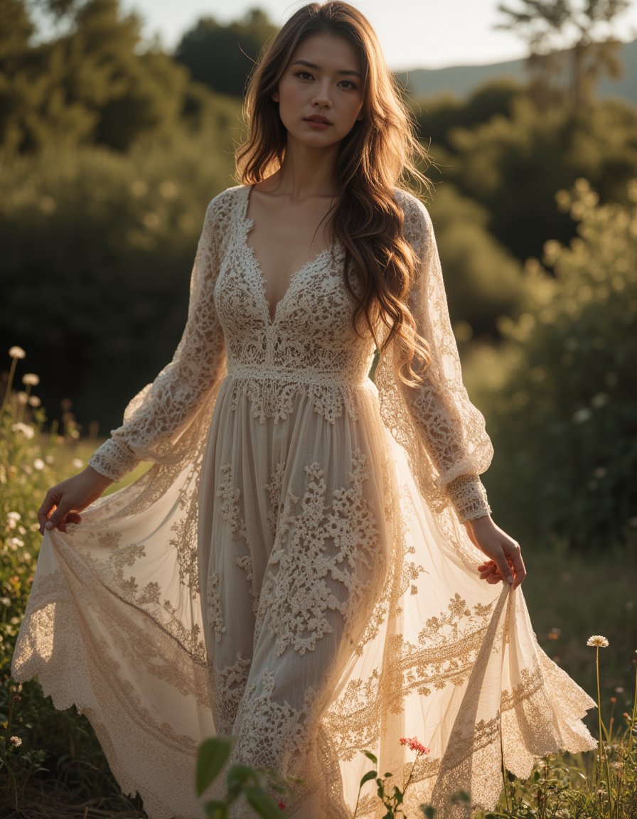 A raw photo of a woman wearing a flowing, floral long lace dress in a boho style. The intricate lace patterns and delicate floral details of the dress catch the natural light, creating a soft, ethereal glow. Her long hair cascades in loose waves, complementing the relaxed and free-spirited vibe of the bohemian aesthetic. The dress moves gently with the breeze, adding to the sense of effortless elegance. She stands in a natural, earthy setting, perhaps in a field or garden, surrounded by greenery that enhances the organic feel of the scene. The lighting is warm and natural, emphasizing the intricate textures of the lace and the vibrant colors of the floral patterns. The atmosphere is serene and inviting, capturing the essence of boho fashion with a focus on freedom, beauty, and a connection to nature. The soft shadows and balanced exposure add depth to the image, making it feel intimate and authentic, bohoai girl, <lora:hinaFluxBohoGirlMix-dev_v1-rev2:0.8>