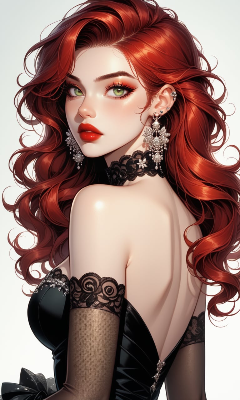 (score_9, score_8_up), score_7_up, 1girl, solo, long hair, looking at viewer, gloves, dress, holding, bare shoulders, jewelry, green eyes, upper body, red hair, earrings, choker, black gloves, elbow gloves, looking back, black dress, lips, eyelashes, makeup, wavy hair, piercing, lipstick, ear piercing, eyeshadow, nose,  red lips, eyeliner,  mascara<lora:MarvelFboi1.3:0.8>