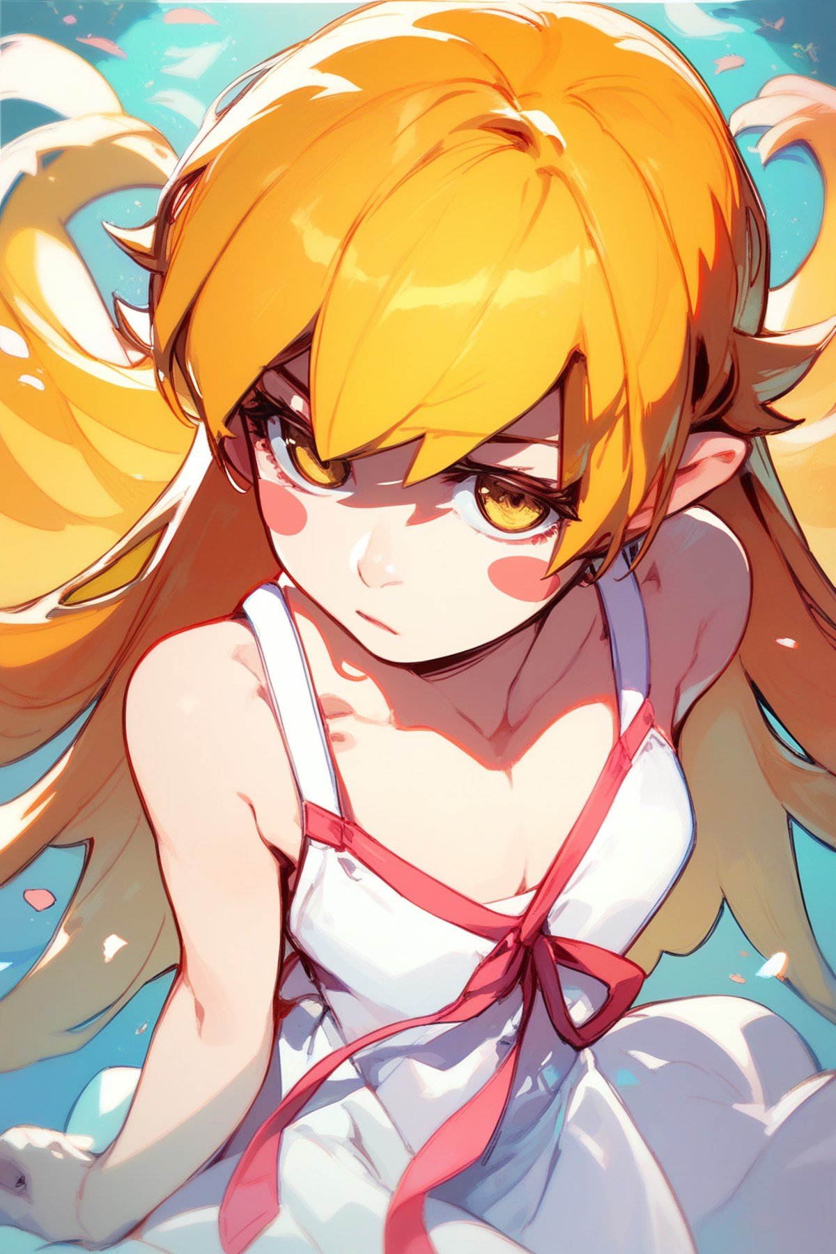 (score_9,score_8_up,score_7_up,),<lora:shinobu:0.9>,oshino shinobu,long hair,solo,blonde hair,yellow eyes,pointy ears,dress,white dress,blush stickers,bare shoulders,