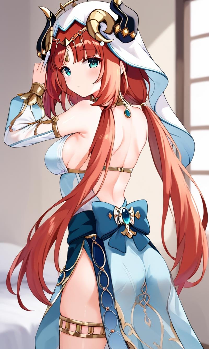 <lora:sdxl-gen-nilou-pony:0.8> gen-nilou, GenshinImpact, 1girl ,aqua eyes, eyeliner, orangered hair, shiny hair, horns, long hair, low twintails, parted bangs, sidelocks, medium breasts, blue nails, circlet, thighlet , neck ring +++ see-through veil, blue gemstone, white headwear, brooch, lightblue harem outfit, puffy long sleeves, bare shoulders, detached sleeves, gold trim, blue skirt+++ :3, +++ arm at side, from behind, looking up, portrait, cinematic lighting, Storage Room