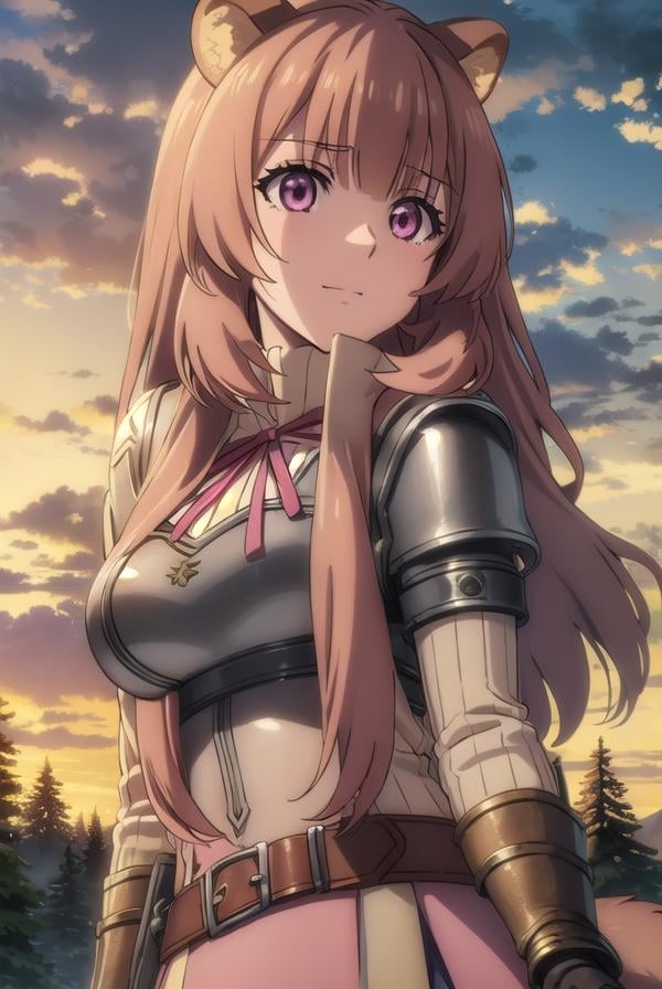 raphtalia, <lora:raphtalia s3-lora-nochekaiser:1>,raphtalia, long hair, bangs, brown hair, animal ears, raccoon ears, raccoon tail, raccoon girl, (pink eyes:1.3), smileBREAK long sleeves, sweater, ribbed sweater, puffy sleeves, breastplate, ribbon, red ribbon, gauntlets, glove, brown gloves, belt, skirt, armor,BREAK outdoors, forest, nature, sun, sky, trees, clouds, grass,BREAK looking at viewer, (cowboy shot:1.5),BREAK <lyco:GoodHands-beta2:1>, (masterpiece:1.2), best quality, high resolution, unity 8k wallpaper, (illustration:0.8), (beautiful detailed eyes:1.6), extremely detailed face, perfect lighting, extremely detailed CG, (perfect hands, perfect anatomy),