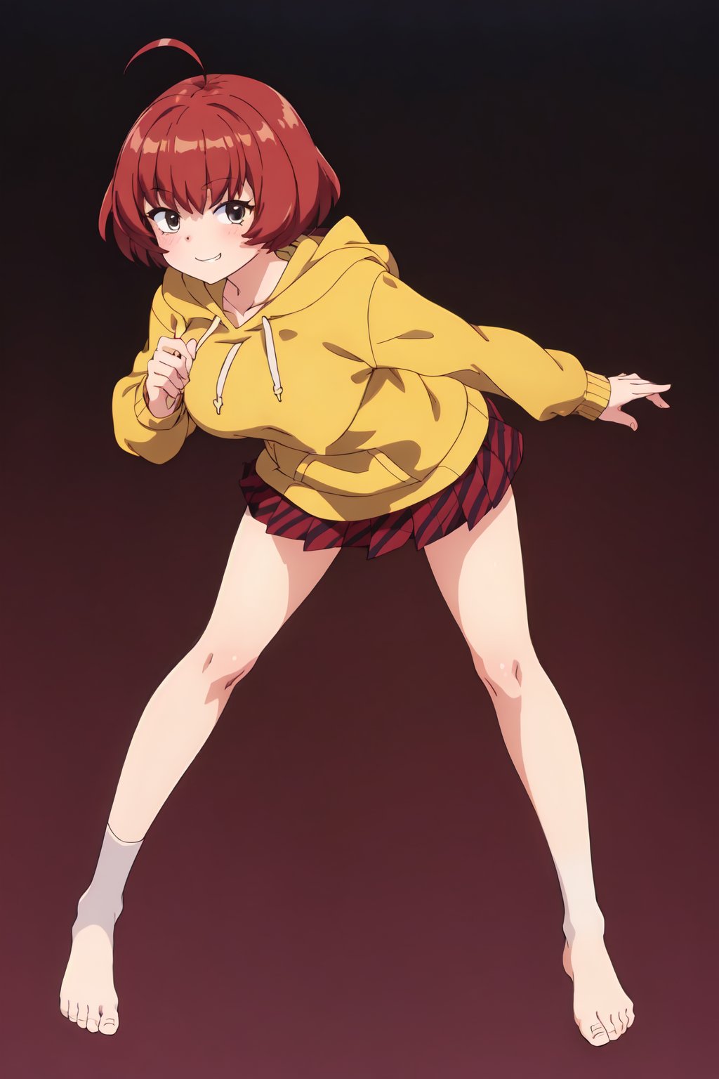 Akako Onigashima, (8k, HD), 1girl, solo, looking at viewer, blush, smile, short hair, skirt, large breasts, simple background, long sleeves, white background, full body, ahoge, red hair, pleated skirt, shoes, barefoot, socks, hood, black eyes, hoodie, leaning forward, red skirt, brown footwear, hood down, clenched hands, single shoe, yellow hoodie<lora:EMS-469265-EMS:0.800000>