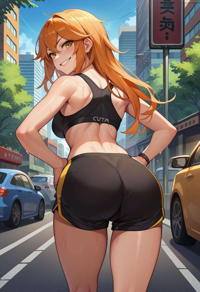 score_9, score_8_up, score_7_up, source_anime, from behind, solo, 1girl, mtcupa, sweat, seductive smile, looking back, hands on own hips, long hair, orange hair, yellow eyes, black sports bra, black shorts, short shorts, ass, outdoors, city street <lora:mobtalker_creeper_ponyXL:1>