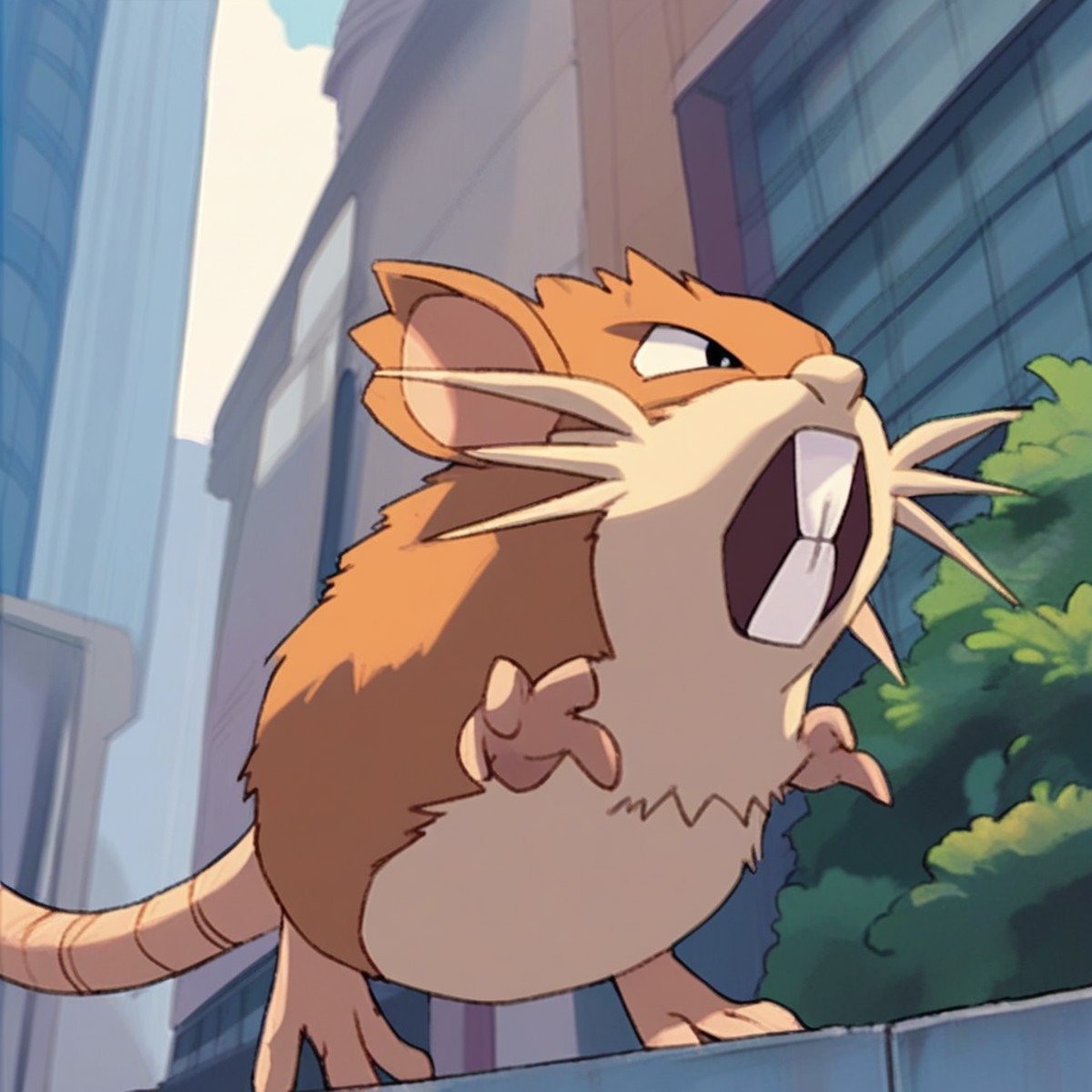 (source_anime, score_9, score_8_up, score_7_up:1), solo male, raticate, feral, looking to the side, outdoors, busy cityscape